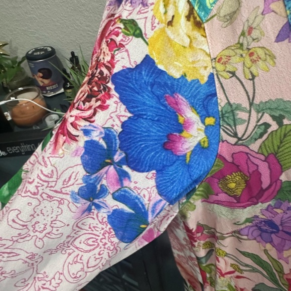 NWT John Mark Teal pink green artsy floral bohemian roll tab Shirt 1x - Picture 5 of 11